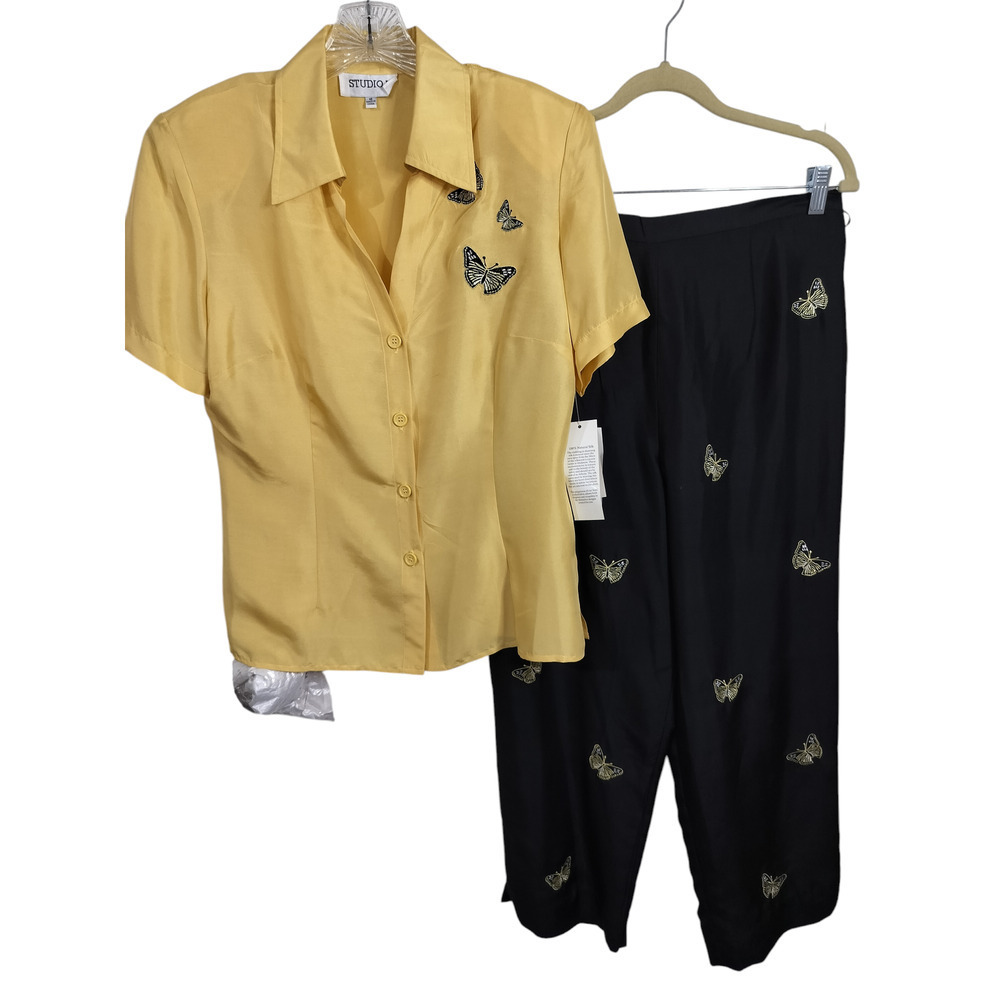 3202) Studio I Silk Yellow Black Butterfly Embroidery Cropped Pants Set Size 10